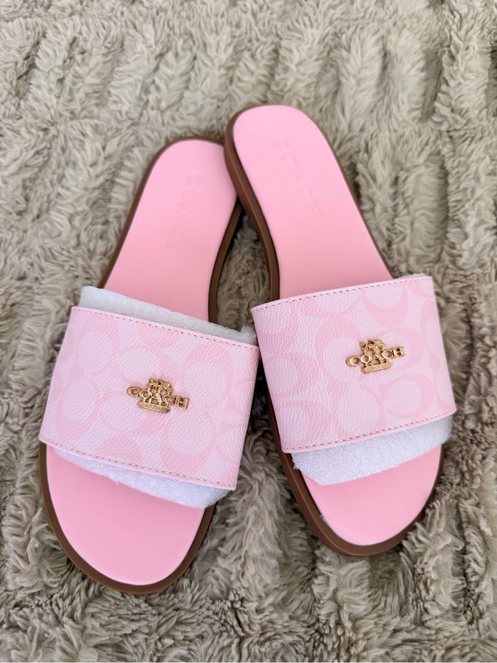 Coach Pink Logo Slide Sandals with Gold Emblem
